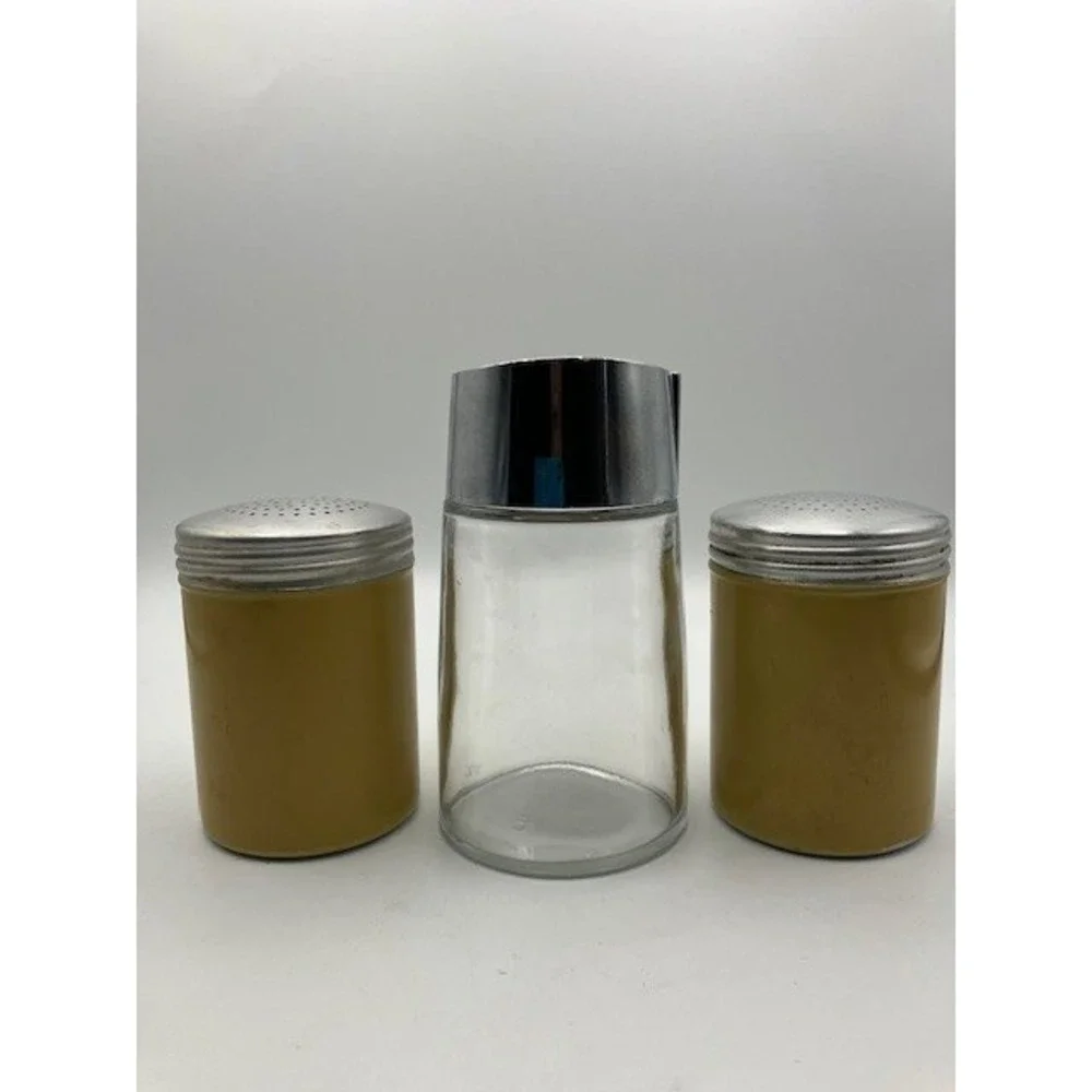 Vintage Aluminum Salt Pepper Shaker Set With Glass Sugar Dispenser Kitchen Decor